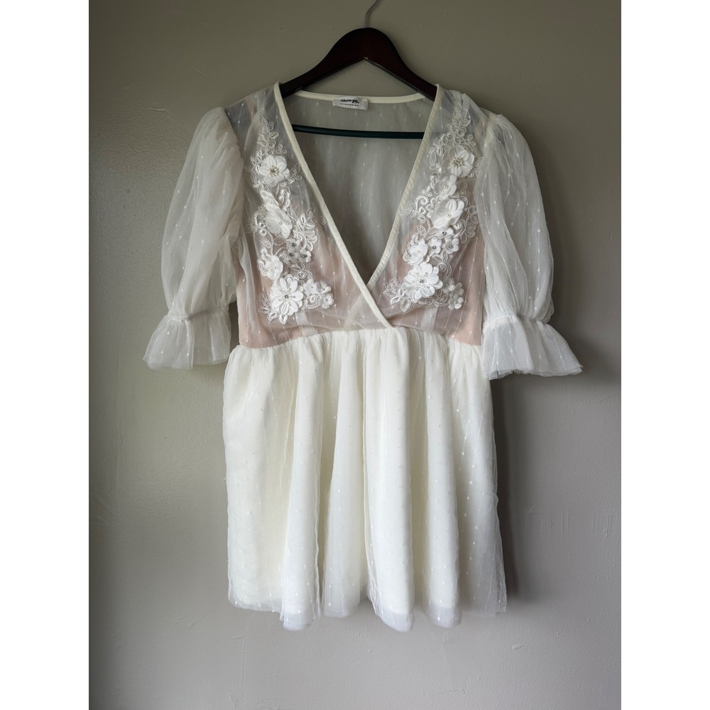 Showpo White Floral Applique Swiss Dot Mesh Mini Dress Puff Sleeve Bridal Sz 10